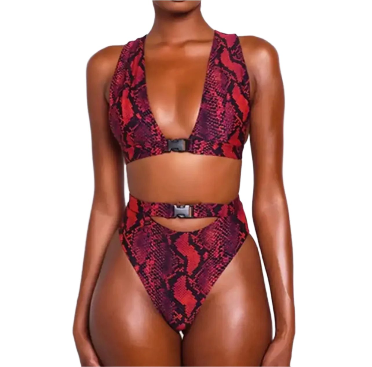 High Waisted Burgundy Snake Print Buckle Up 2 Piece Cut-out Swimsuit (Pre-order)