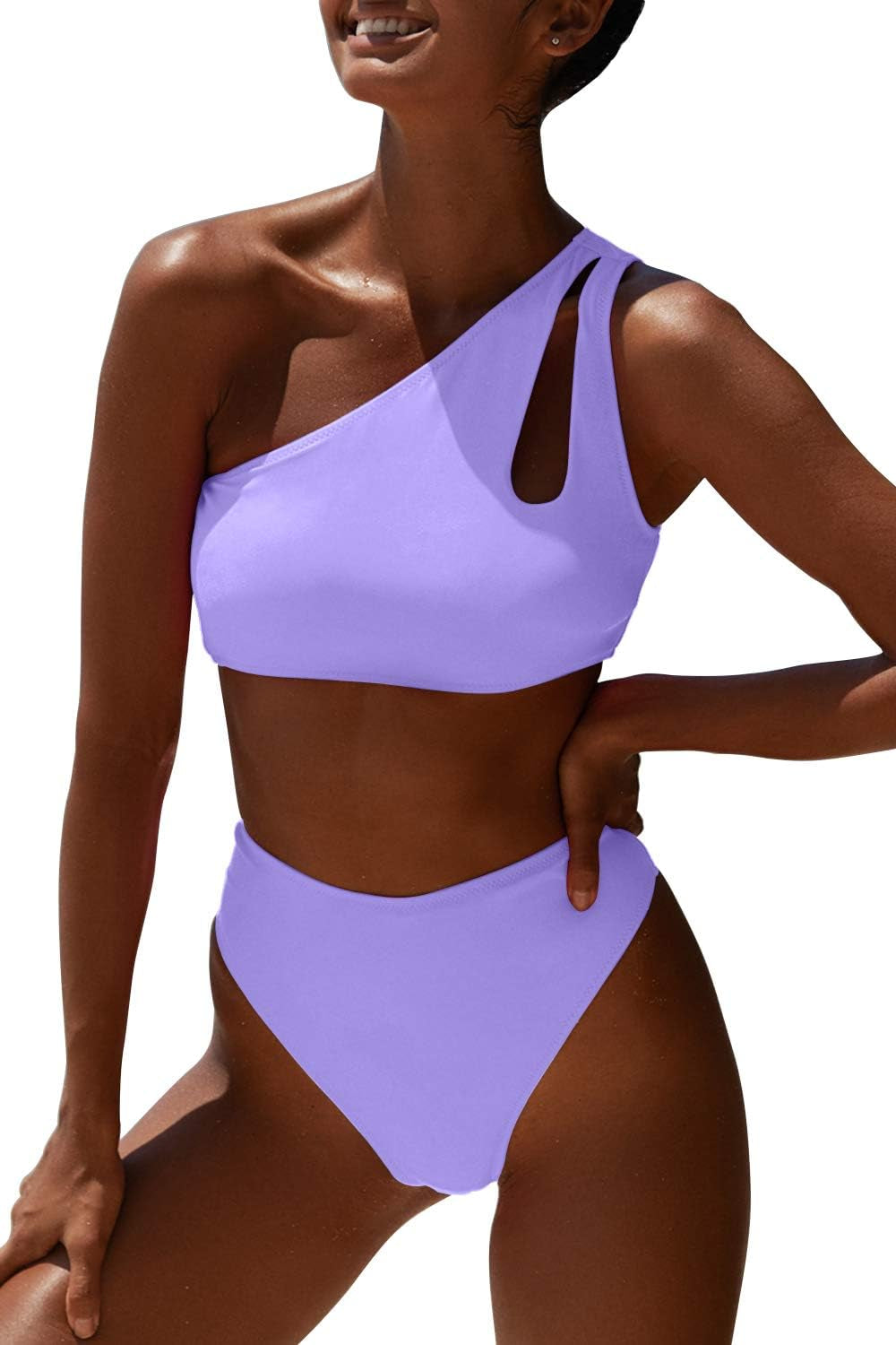 Women One Shoulder Bikini High Waisted Cutout Crop Top Swimsuit Sports Two Piece Padded Push up High Cut Bathing Suit