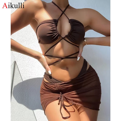 Sexy Halter Hollow Cross Bikinis Set Swimsuit Women'S 2023 New Solid Two-Piece Swimwear Summer Beachwear Woman Bath Bathing Suit