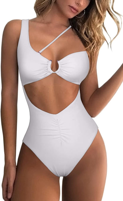 White Swimsuits for Women High-Waist One Shouler One Piece Tummy Control Bathing Suit S