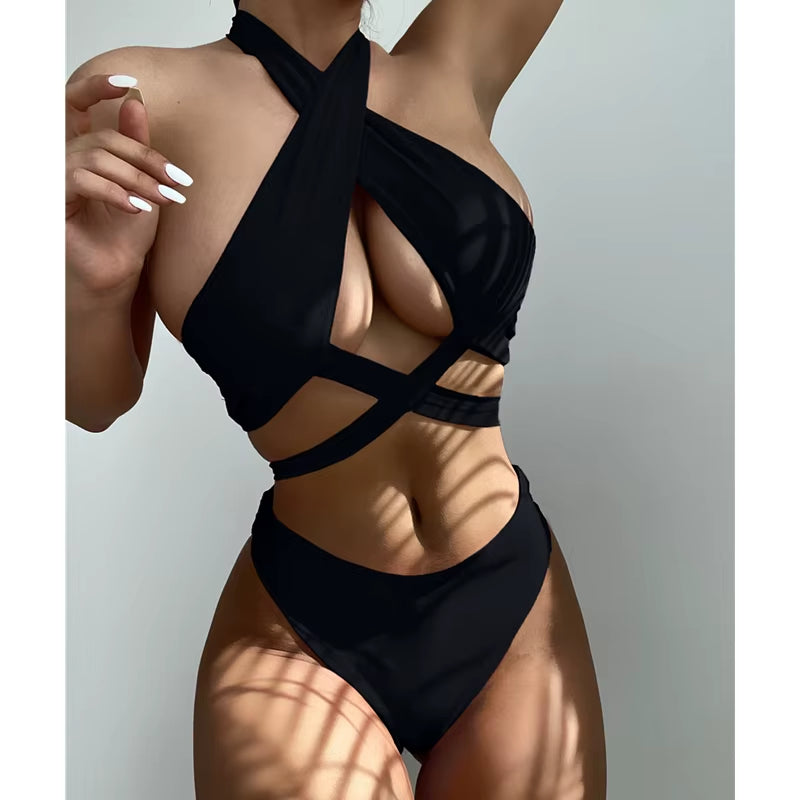 Sexy Halter Hollow Cross Bikinis Set Swimsuit Women'S 2023 New Solid Two-Piece Swimwear Summer Beachwear Woman Bath Bathing Suit