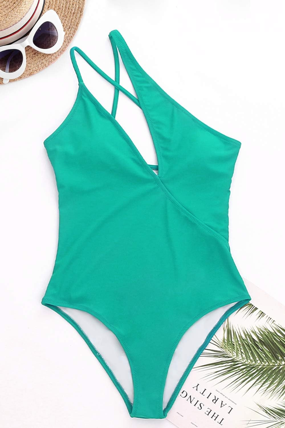 One Shoulder Cutout One Piece Swimsuits for Women Sexy High Cut Thong Bathing Suits Tummy Control V Neck Swimwear Lake Green