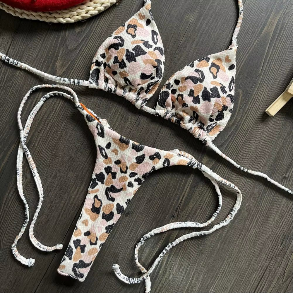 High-Waisted Leopard Print Halter Bikini Set with Cherry Print Thong - Elegant Lace-Up Bathing Suit for Women