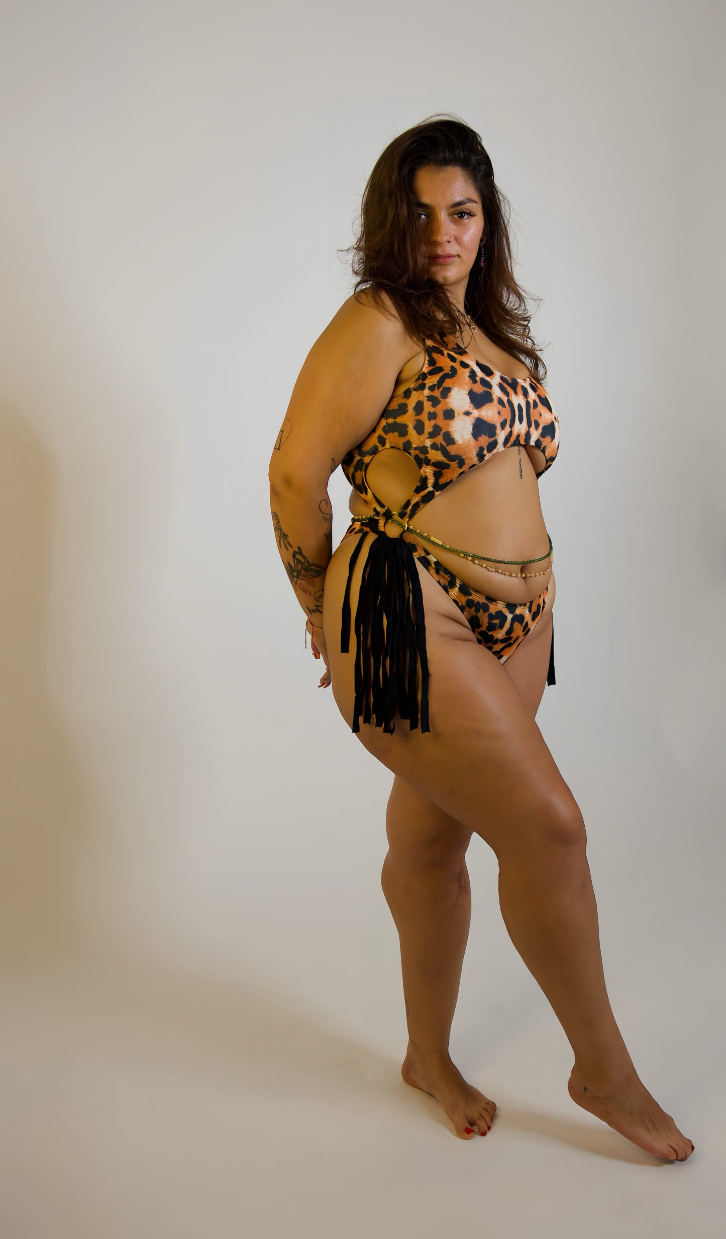 Leopard One-Kini Cut-out and Tassels Swimsuit