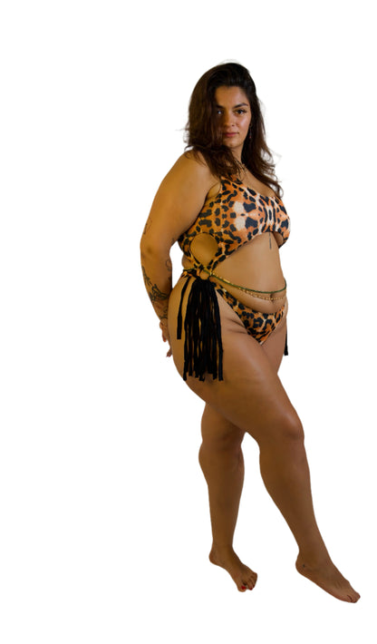 Leopard One-Kini Cut-out and Tassels Swimsuit