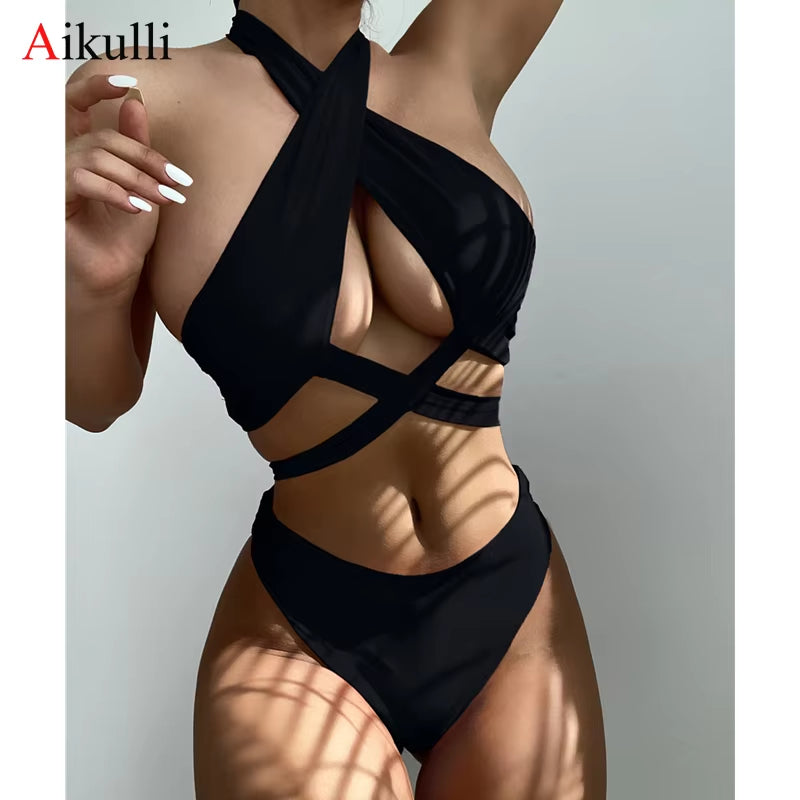 Sexy Halter Hollow Cross Bikinis Set Swimsuit Women'S 2023 New Solid Two-Piece Swimwear Summer Beachwear Woman Bath Bathing Suit