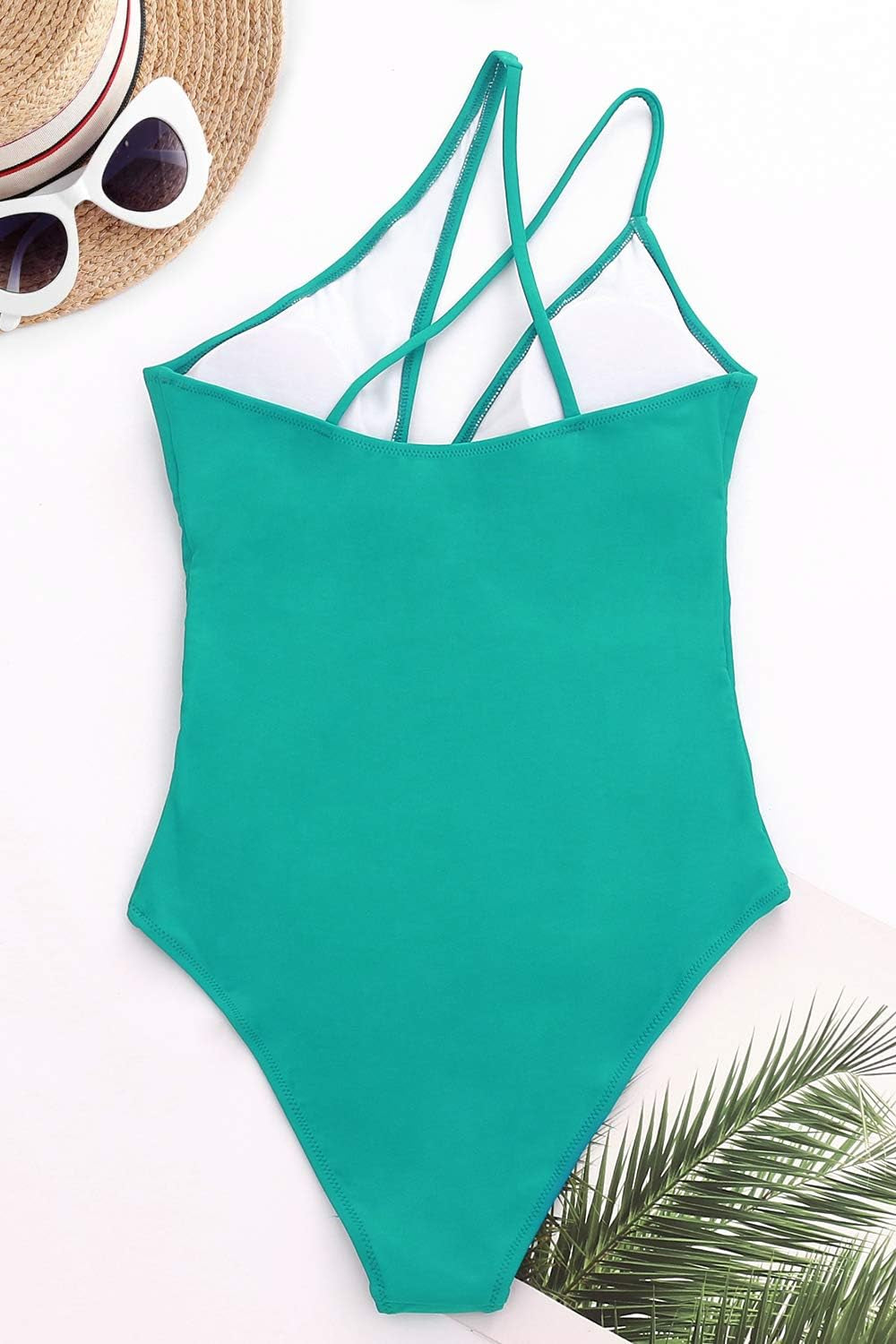 One Shoulder Cutout One Piece Swimsuits for Women Sexy High Cut Thong Bathing Suits Tummy Control V Neck Swimwear Lake Green