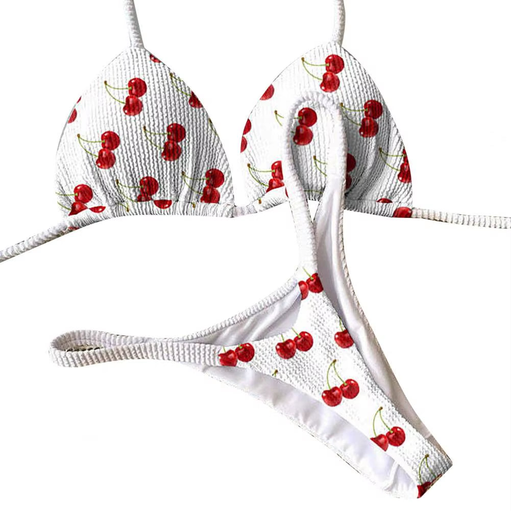 High-Waisted Leopard Print Halter Bikini Set with Cherry Print Thong - Elegant Lace-Up Bathing Suit for Women