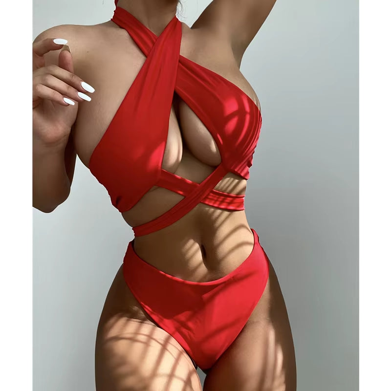 Sexy Halter Hollow Cross Bikinis Set Swimsuit Women'S 2023 New Solid Two-Piece Swimwear Summer Beachwear Woman Bath Bathing Suit