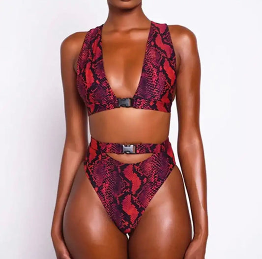 High Waisted Burgundy Snake Print Buckle Up 2 Piece Cut-out Swimsuit  (Pre-order)