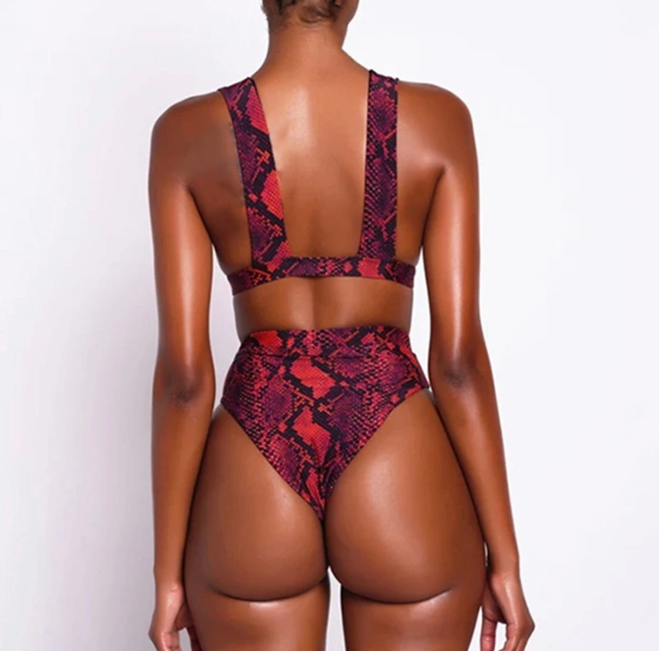 High Waisted Burgundy Snake Print Buckle Up 2 Piece Cut-out Swimsuit  (Pre-order)