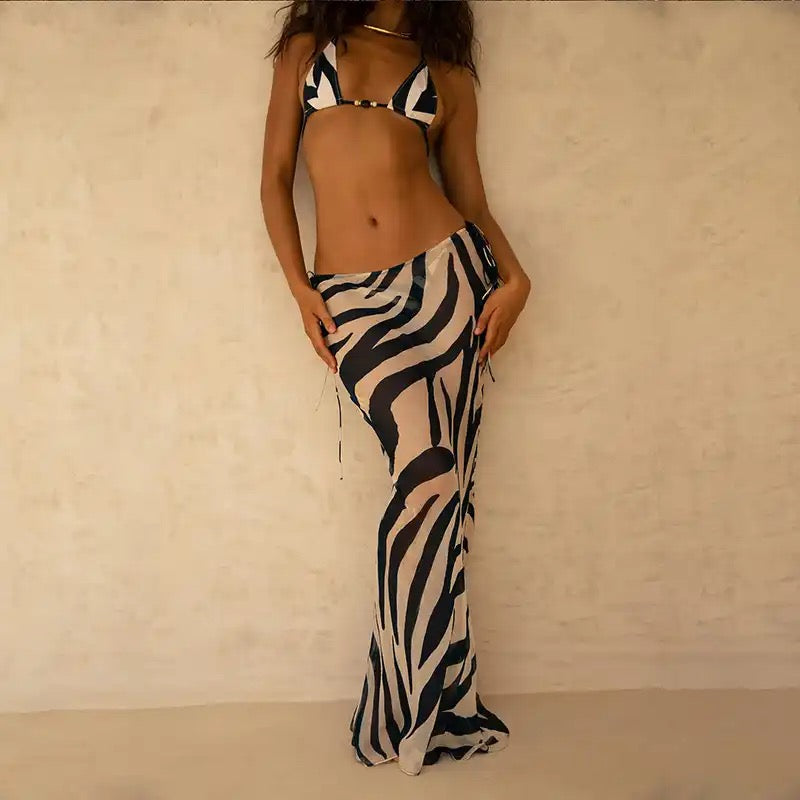 Zebra 3 piece Sheer Cover up Bikini Swimsuit Set