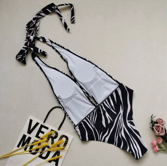 Zebra Please One-Piece Halter Swimsuit