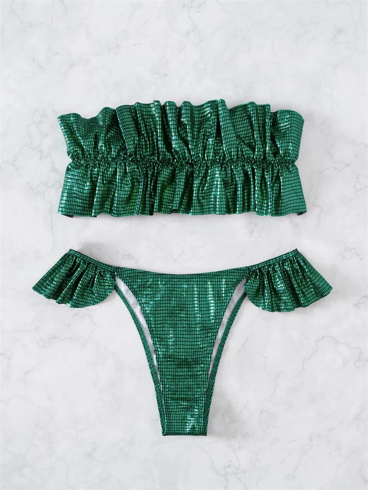 Green Little Mermaid Ruffles Two Piece Bikini Swimsuit